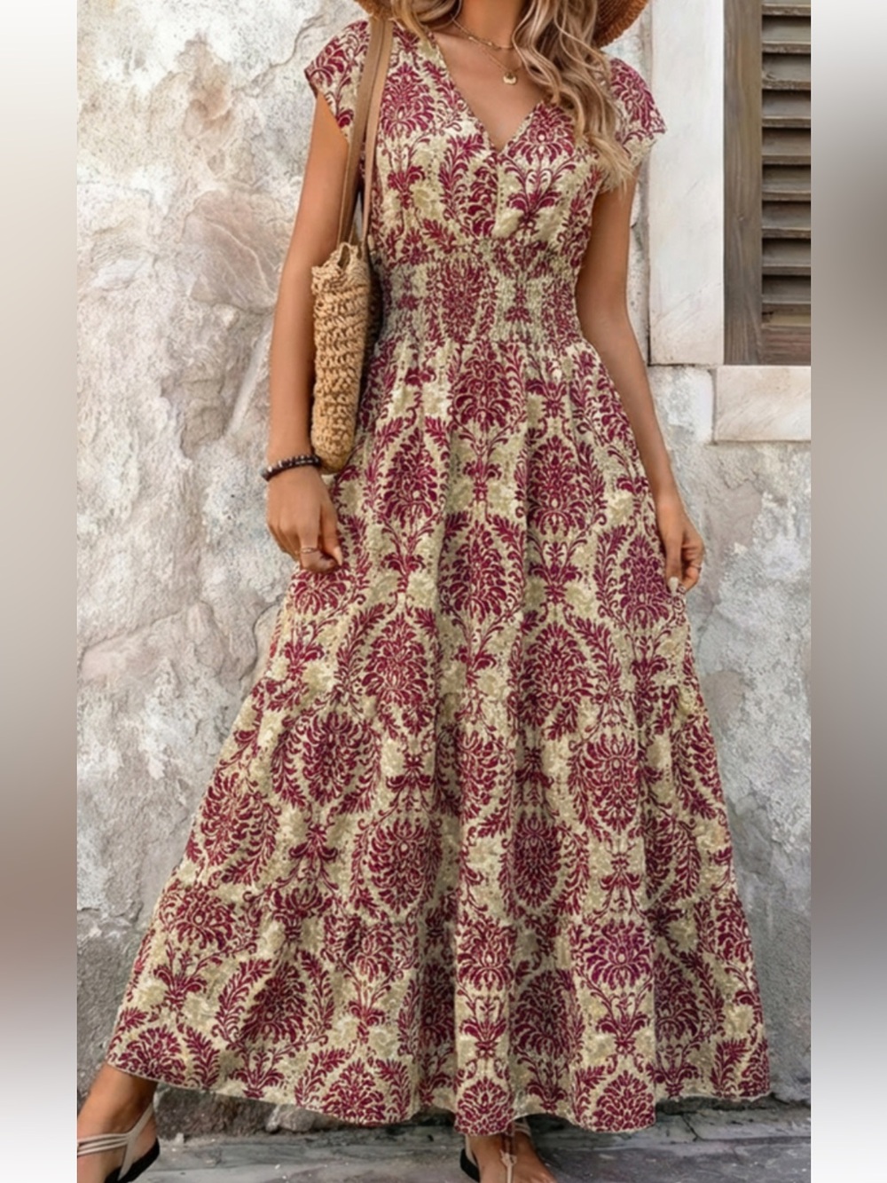 SHEIN Beige & Burgundy Maxi Dress Size Small
